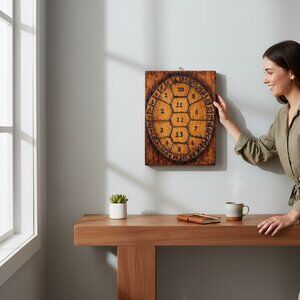 Vintage Hand-Carved Wooden Wall Hanging Lunar Calendar On Turtle’s Back Warm Ton